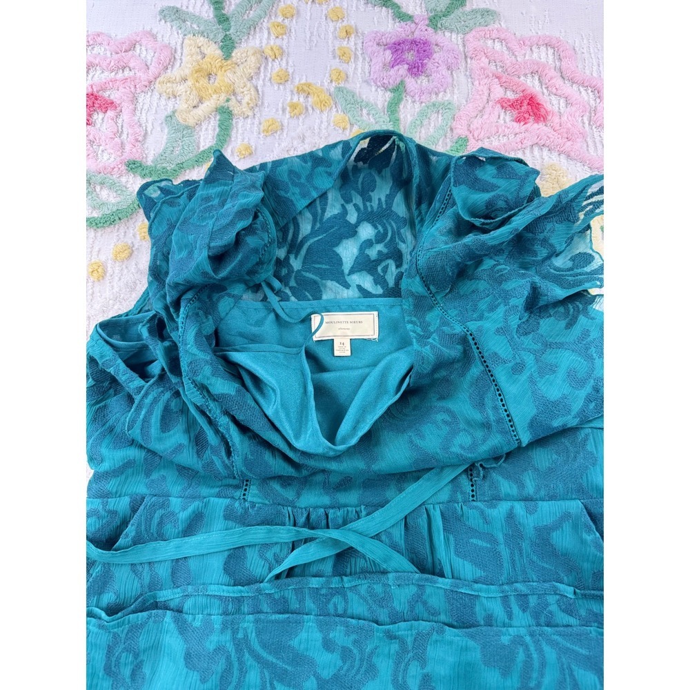 Moulinette Soeurs anthropologie Teal Lace Overlay Flutter Sleeve 14 dress - Picture 7 of 12